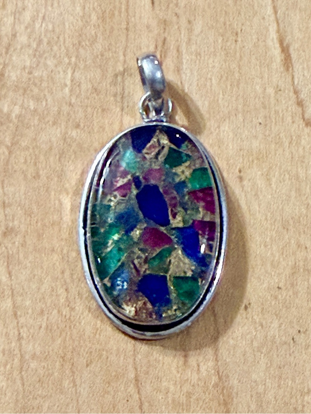 Multicolor Mosaic Jasper Oval Pendant - 925 Plated/Stamped